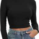 Artfish Women's Round Neck Long Sleeve Knit Ribbed Fitted Crop Top Casual Basic Shirts (X-Large, Black)