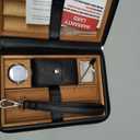 Leather Cedar Wood Case and All in One Double Jet Flame Torch Lighter Set, Built-in Cutter, Punch and Holder Function, Travel Box with Hygrometer, Draw Enhancer Tool, Gifts for Men.