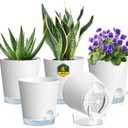 4 inch Self Watering Pots for Indoor Plants, 5 Pack Small Flower Plant Pots with Drainage Holes and Clear Reservoirs, Visible Water Level, Plastic Planters with Wicking Rope, White