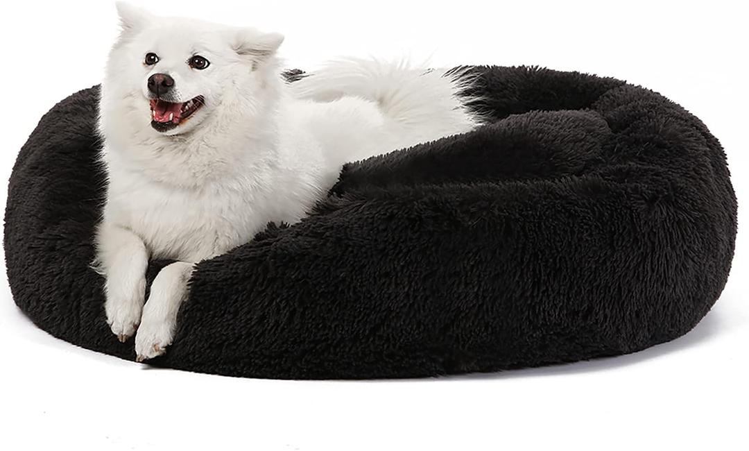 JOLLYVOGUE Dog & Cat Bed, Calming Anti-Anxiety Pet Bed for Small Dogs, Fluffy Donut Cushion for Small and Medium Pets (20") (Pure Black)
