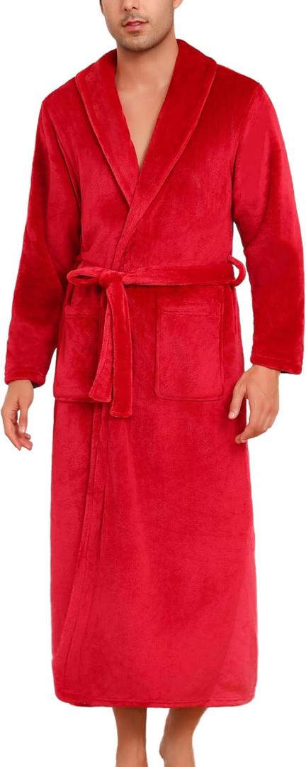 ENJOYNIGHT Mens Plush Fleece Robe Cozy Warm Bathrobe with Pockets (Medium, Red)