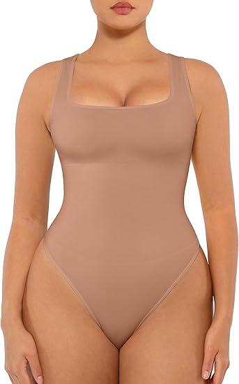 FeelinGirl Bodysuits for Women Seamless Square Neck Tummy Control Compression Thong Shapewear Bodysuit Tank Tops Bodysuit (XS-S)