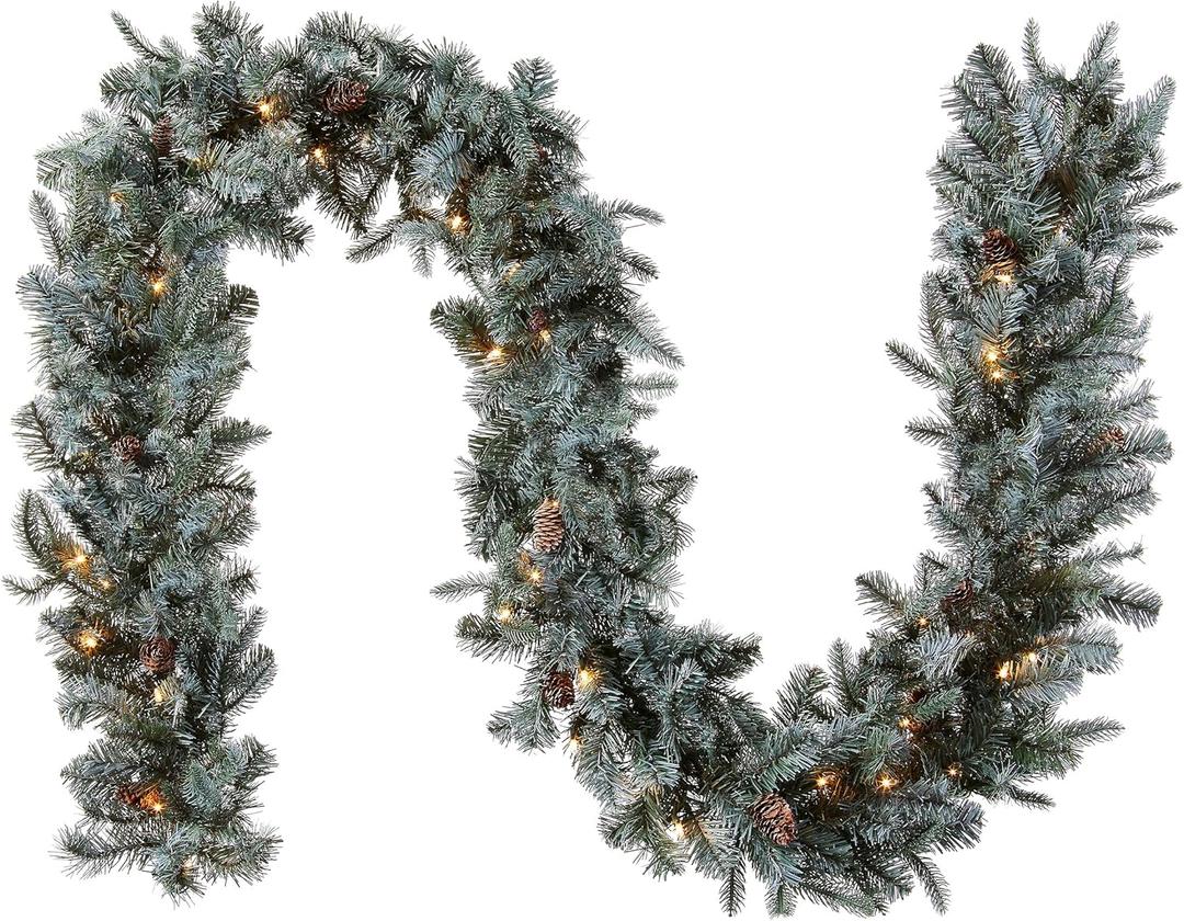 National Tree Company 9 ft Pre-Lit Arctic Spruce Artificial Christmas Garland, Christmas Decoration with Pinecones, 50 Clear Lights, 350 Tips, Green