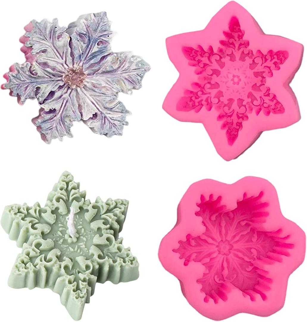 2 Pcs Christmas Snowflake Silicone Molds Candle Soap DIY Molds Candle Decorating Mold for Xmas Baking Party Chocolate Candy Wax Resin Baking Tray Fondant Cake Decoration
