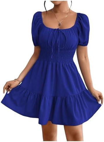 Floerns Women's Boho Square Neck Puff Short Sleeve Self Tie Front A Line Dress Medium Floerns Women's Boho Square Neck Puff Short Sleeve Self Tie Front A Line Dress Medium