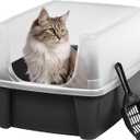 IRIS USA Large Cat Litter Box with Scatter Shield and Scoop, Open Top High Sided Cat Litter Pan, Black