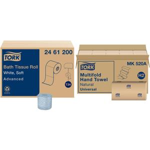 Tork Toilet Paper Roll White T24, Advanced (2-Ply) and Tork Multifold Hand Towel Natural H2, Universal (1-Ply)