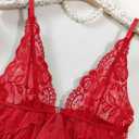 Foxiny Sexy Open Front V Neck Ruffle Sheer Mesh Lace Wireless Babydoll Lingerie Dress with Thong 2 Piece (Red, M)