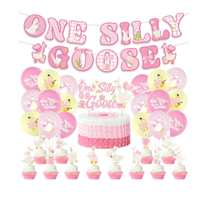 32pcs Silly Goose Decorations Blue and White One Silly Goose Birthday Banner Cake Topper Cupcake Wrappers Latex Balloons Baby Shower Decoration (Pink Cupcake Toppers