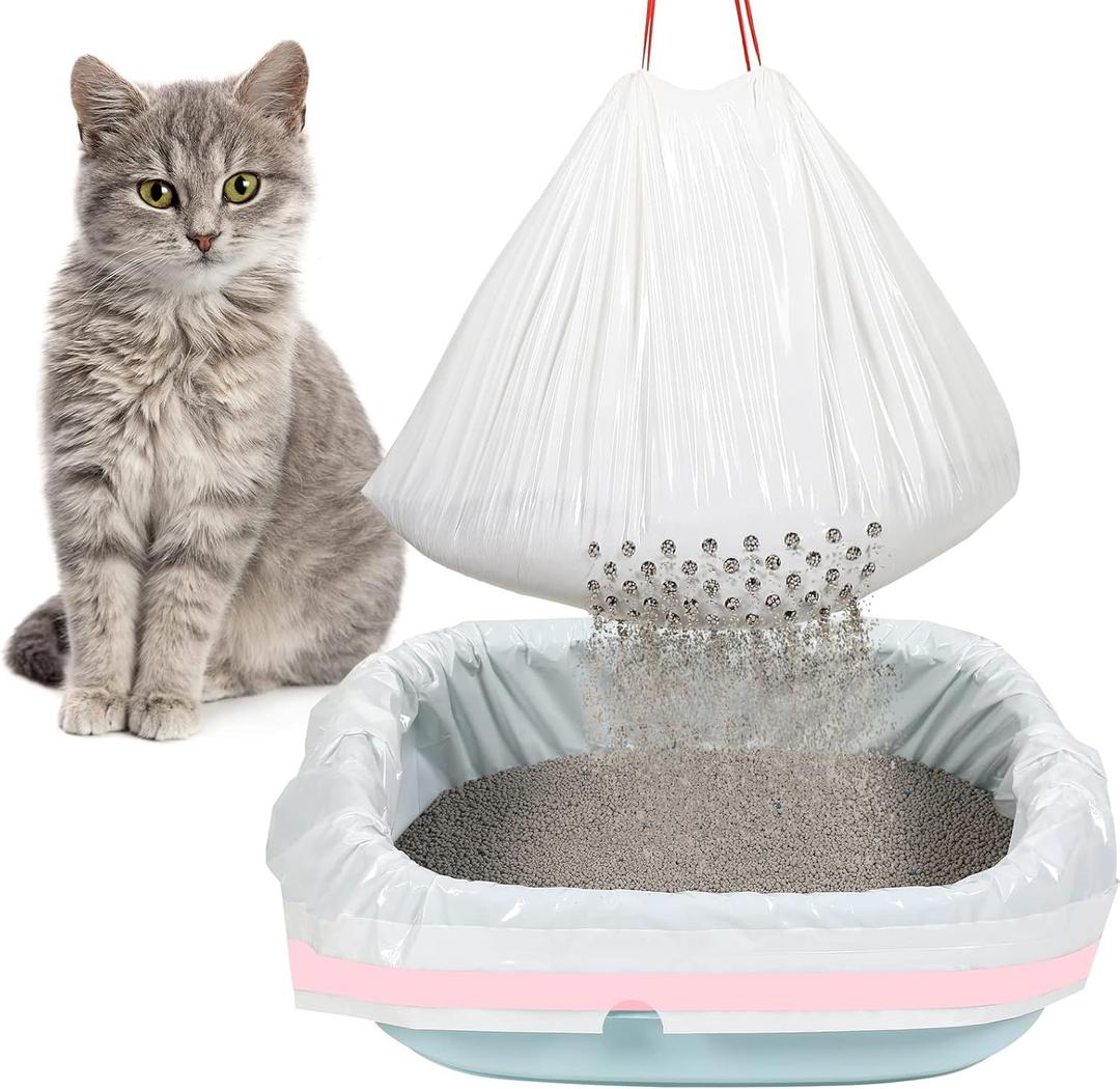 Jutom 56 Count Sifting Litter Box Liners, Drawstring Jumbo Sifting Cat Litter Bags with Holes, 31 x 18 Inch 22 lb Capacity Portable Thick Scratch Resistant Drawstring Bags for Pet Cats