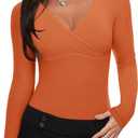 REORIA Womens Sexy Deep V Neck Bodysuit Cross Wrap Bodysuit Long Sleeve Double Lined Top Going Out Outfits (M)