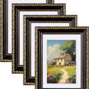 Eletecpro 5x7 Picture Frames Set of 4, Gothic Frames with Glass Cover, 5 x 7 Vintage Photo Frame Displays 4x6 Photo with Mat or 5x7 without Mat for Tabletop or Wall Decor, Black Gold