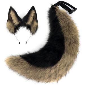 Faux Fur Wolf Ears Headband & Furry Tail Set Realistic Wolf Costume Accessories for Halloween, Cosplay,Parties