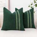 Pack of 2 Dark Green Throw Pillow Covers 18x18 Textured Boucle Accent Pillow Cases with Faux Leather Striped Square Cushion Cover for Bed Couch Sofa Living Room Home Decor