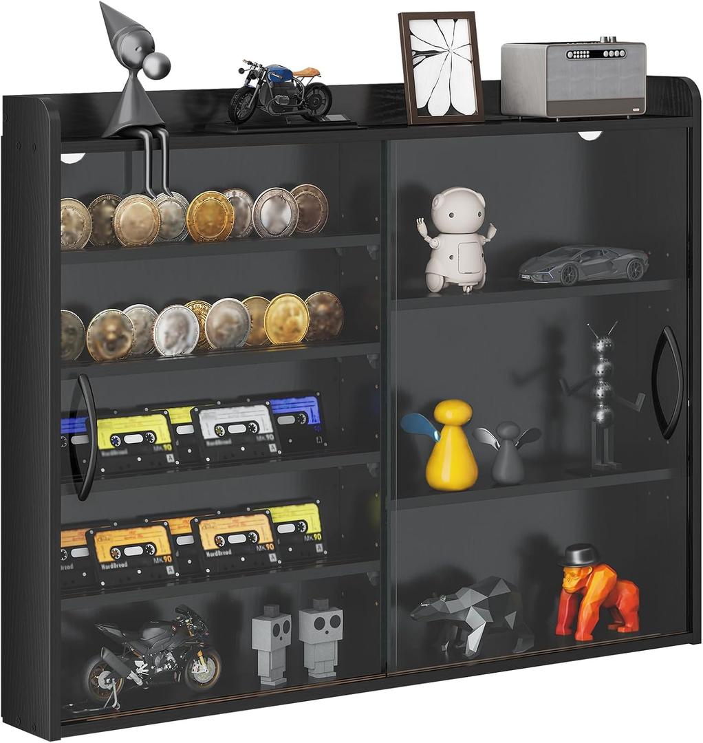 Wall Mount Display Case, Glass Collectible Case
Tempered Glass Door, Left 5 Adjustable and Reversible Shelves (Flat/Grooved) , Right 3 Fixed Shelves, Metal Handles, Black