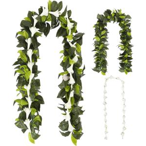 2 Pack Hawaiian Luau Maile and White Tuberose Lei Artificial Graduation Lei Leaf Flower Necklace for Wedding Hawaiian Graduation Party, 4.9ft