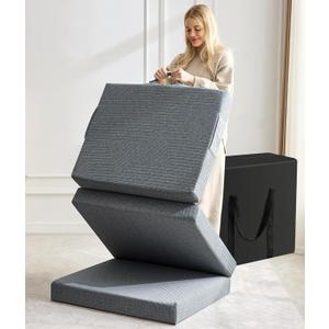 BDEUS Tri-Fold 4" Memory Foam Mattress - Single Size Portable Bed, Foldable Floor Mat for Adults & Kids, Washable CertiPUR-US Certified Cover, Lightweight for Travel/Camping/Yoga (Grey)