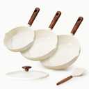CAROTE Nonstick Frying Pans Skillets, Ceramic Coating Non-Stick Frying Pans Set, 5 PCS, Non-toxic Healthy & PFOA Free, Induction Compatible, 8+9.5+11 Inch with Colander Lid and Spatula, Cream White