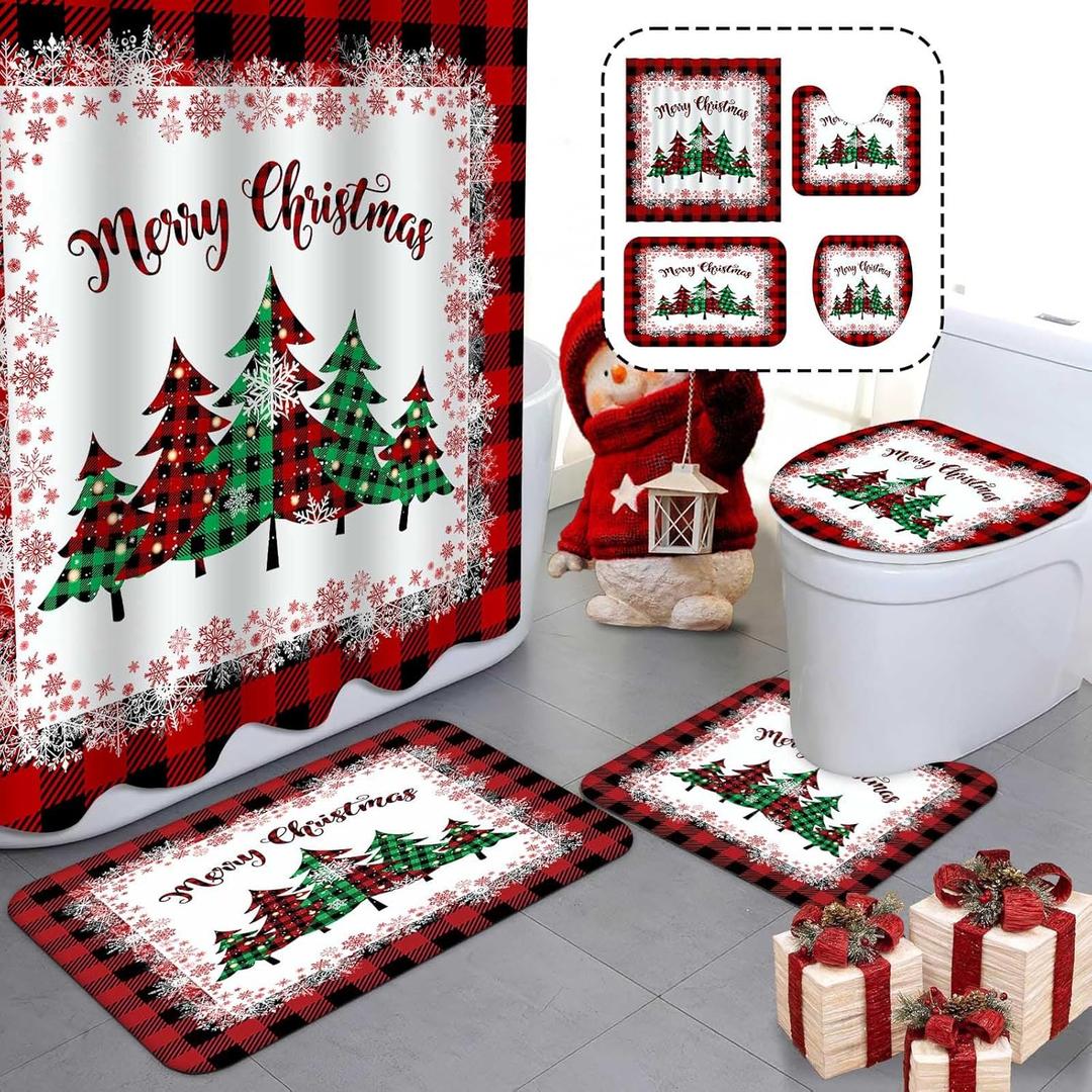 MEHOFOND 4pcs Christmas Shower Curtain Sets Merry Christmas Shower Curtain Set Red Buffalo Plaid Bathroom Sets with Shower Curtain and Rugs Toilet Lid Cover and U Shape Mat Washable 72"x72"