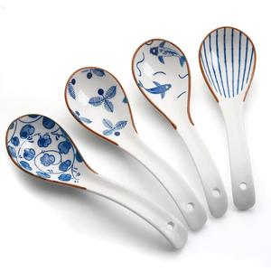 IQCWOOD Ceramic Asian Soup Spoons, Blue and White Japanese Spoon for Soup Rice Ramen Pho Wonton Dumpling Miso, Deep Oval Hook Design, Gifts for Friends Parents Family (Brown)