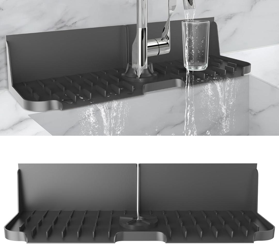 17 x 5.5 Silicone Faucet Handle Drip Catcher Tray Mat, Silicone Faucet Mat Dish Soap Sponge Holder for Kitchen Sink, Drying Mat for Kitchen Counter Bathroom Kitchen Sink Splash Guard - Black