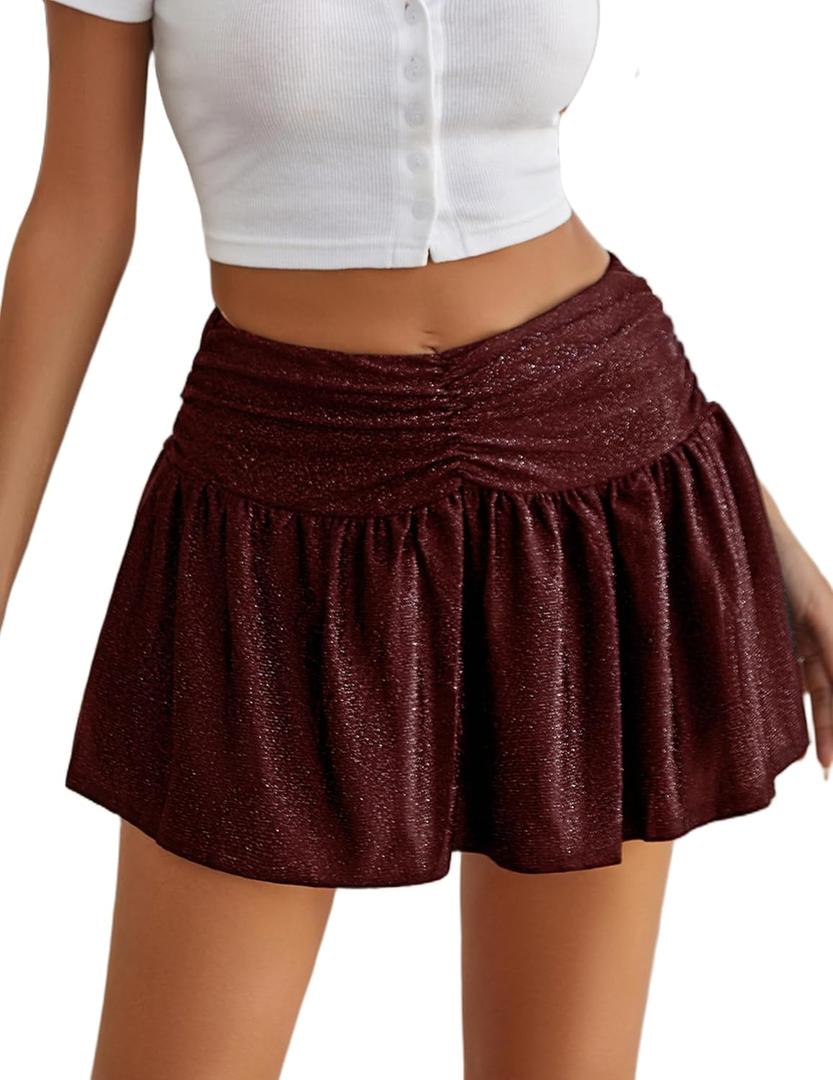Avidlove Women Ruffle Skirt Ruched Waist Short Skirts Sexy Glitter Skirt Mini Lingerie Skirts (Dark Red) Medium