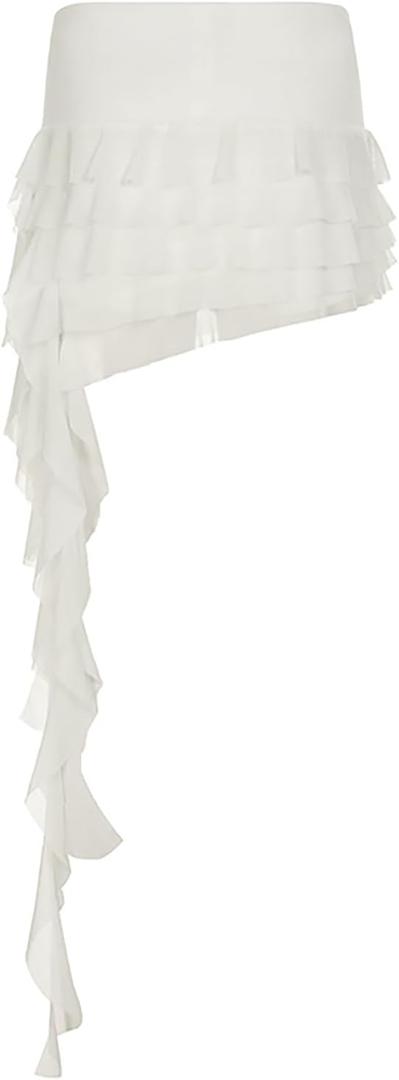 Womens Tulle Short Skirt Sexy Y2K Asymmetrical Low Waist Flowy Ruffle Pleated Mini Skirts Dance Sexy Rave Cloth, Large, White (Style 2)