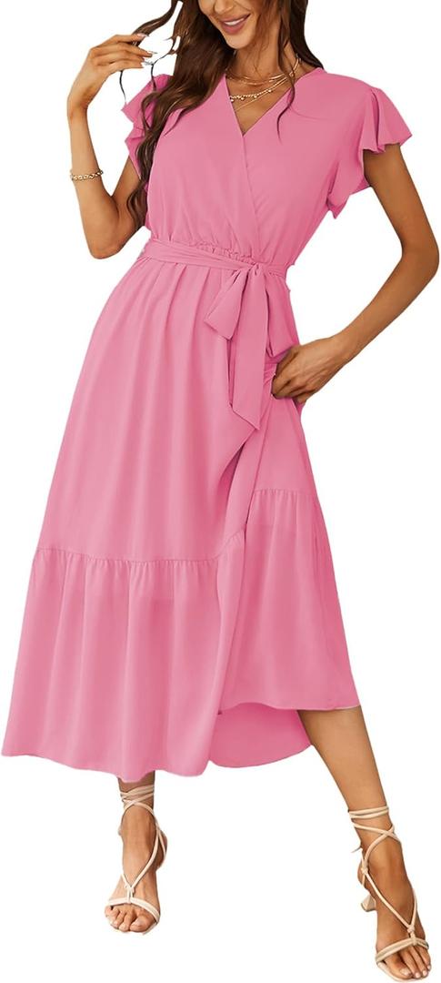 PRETTYGARDEN Women's Summer Floral Boho Maxi Dress Short Sleeve Wrap V Neck Ruffle Long Flowy Beach Wedding Guest Dresses (Pink, XXL)