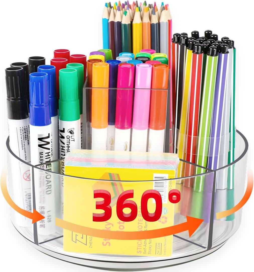 Rotating Acrylic Pen Holder for Desk, 360 Degree Spinning Pencil Holder Pen Organizer, 5 Compartments Kids Marker Holder Crayon Caddy Art Supply Storage Box Desk Organizer for Office Home School