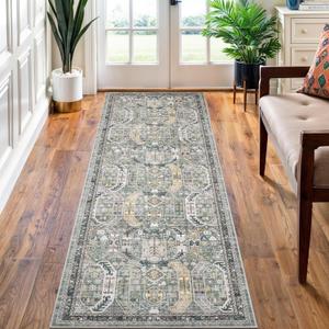 Madane Washable Runner Rug - 2x6 Rug Runners for Hallways 6 Feet Non Slip Vintage Kitchen Runner Rug Ultra-Thin Bathroom Runner Rugs Carpet Laundry Room Bedroom (2x6ft, Green/Gold)