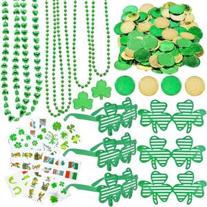 Labrostar 132Pcs St. Patricks Day Accessories Party Favors Shamrock Glasses Necklaces Green Gold Coins Tattoos for Irish St Patrick's Day Decorations Supplies