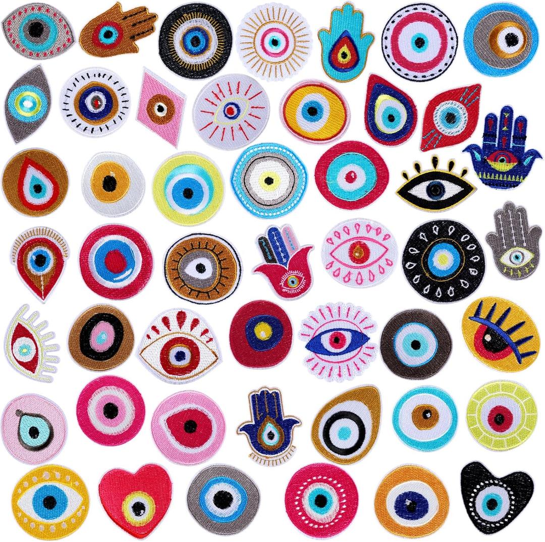 Ferraycle 48 Pcs Evil Eye Embroidery Patches Hamsa Hand Heart Moon Sew on/Iron on Embroidered Applique Repair Patch DIY Craft Accessories Gifts for Clothing Jacket Jeans Backpack Hat (Bright Color)