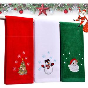Upgraded Thick & Large 16" x 27" Christmas Hand Towels, 100% Pure Cotton Bathroom Towel Set Kitchen Washcloths for Drying & Cleaning, Perfect Xmas Holiday Home Decor Set of 3 (Red, White, Green)
