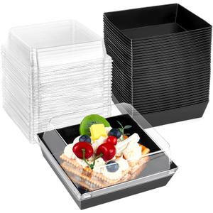 Kucoele 50 Pack Small Charcuterie Boxes with Clear Lids, To Go Paper Dessert Boxes Bakery Boxes, 5 Inches Disposable Food Containers for Cookies, Cupcakes, Slice Cakes, Strawberries (Black)