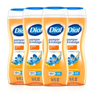 Dial Body Wash, Pamper & Indulge Marula Oil, 16 Fl Oz (Pack of 4), Hydraclean Complex & Vitamin E, Gentle, Leaves Skin Feeling Nourished, DermatologistTested, No Parabens & Sulfates