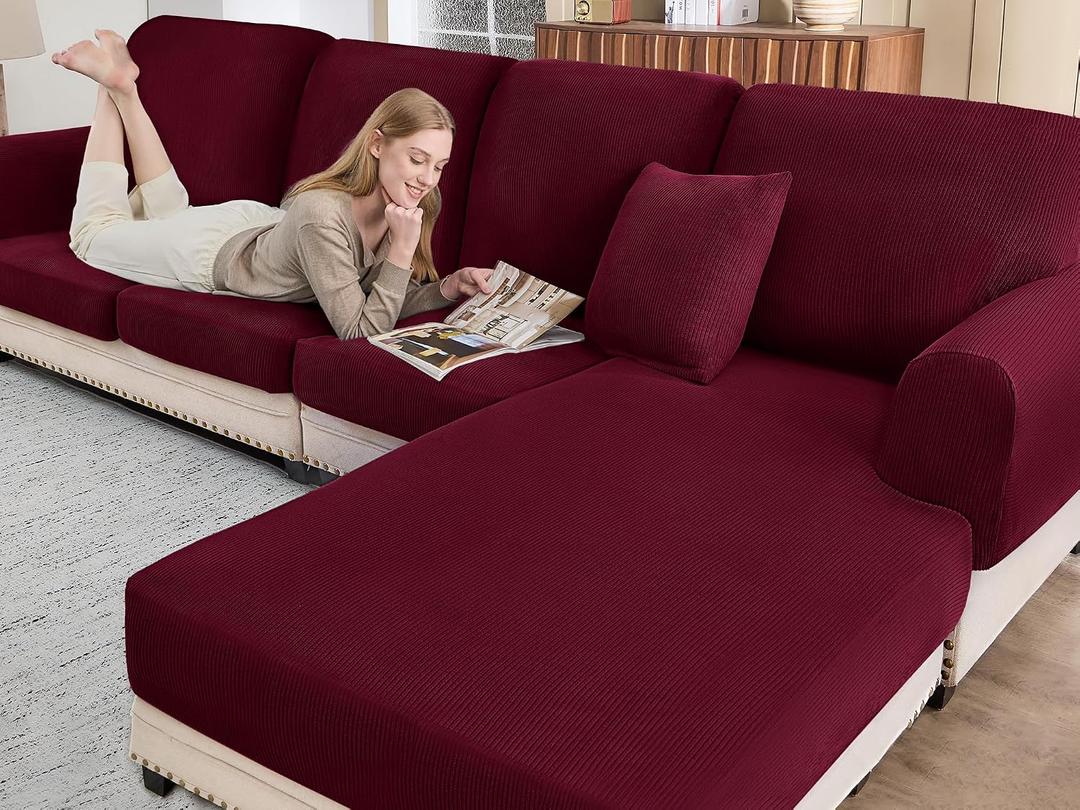 BT.WA Sectional Couch Covers for Sofa Cushion L Shaped Couch Cover Washable Soft Couch Cushion Covers Stretch Sofa Slipcovers(2-Piece for Sofa Armrest Cover, Burgundy)