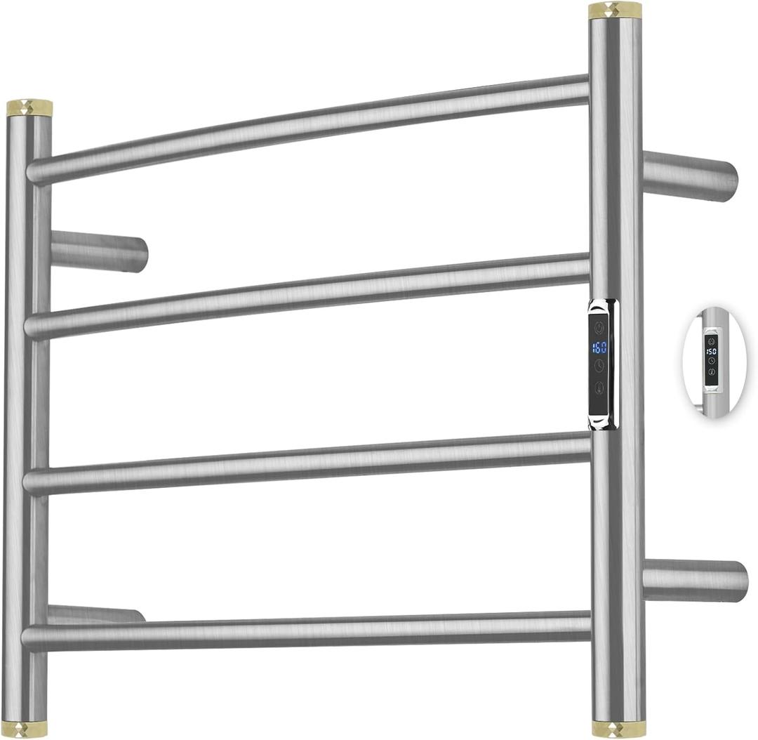 Electric Towel Warmer Rack,Heating Towel Warmer,Timer & Temperature Control,Wall-Mounted Plug-in for Bathroom,Brushed,Stainless Steel,4-Bar(16.54x23.62x5.51in) (Round-matte Brushed With Gold Top)