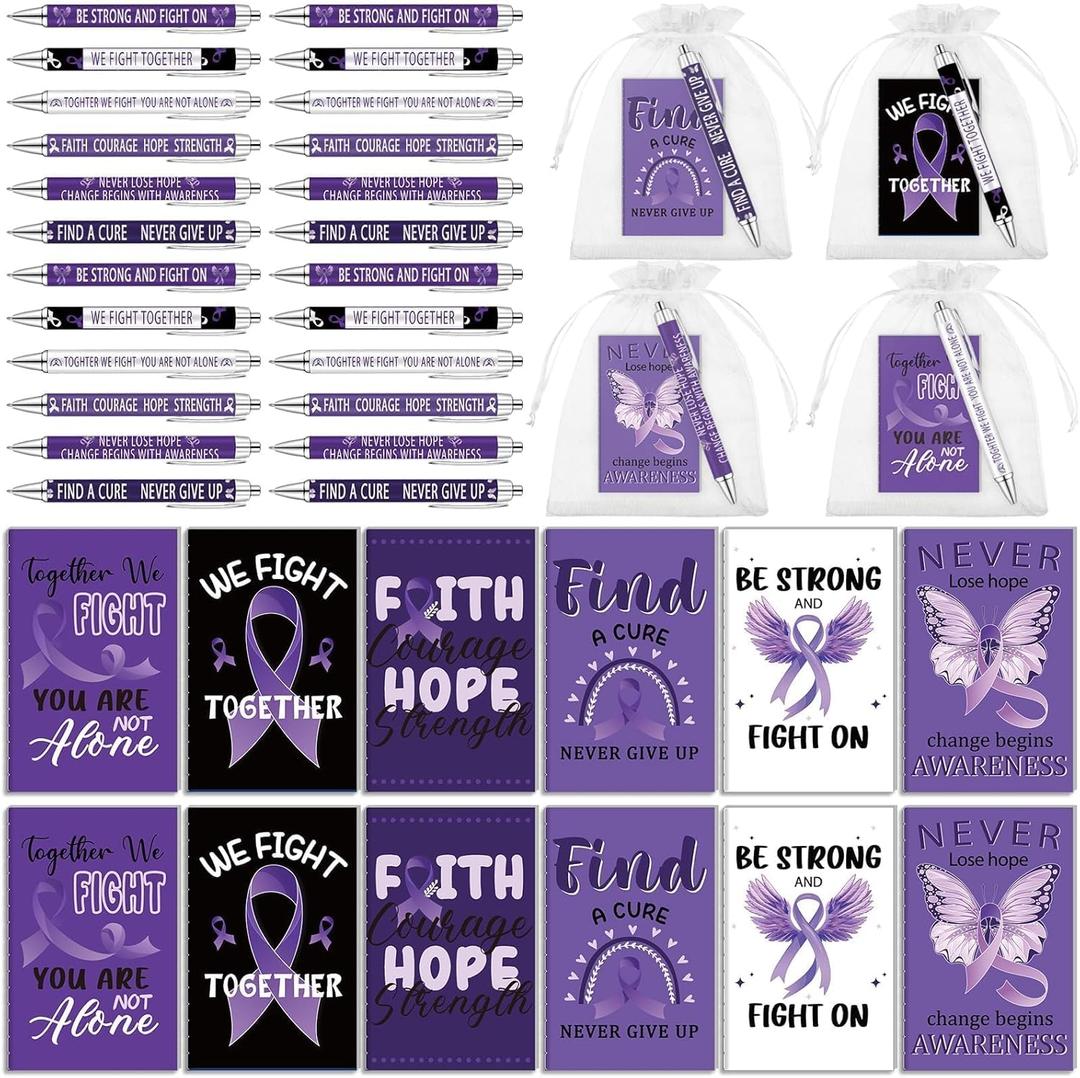 24 Sets Domestic Violence Awareness Pens Purple Ribbon Pens Bulk Cancer Awareness Notebooks Purple Ribbon Notepads for Breast Pancreatic Cancer Alzheimers Lupus Animal Abuse Event Party Supplies
