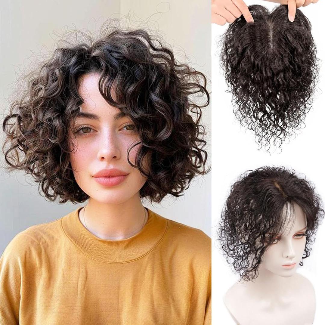 10" Curly Human Hair Topper for Women with Thinning Hair Loss,Fluffy Wavy Silk Base Topper Hair Piece Women Toupee Clip in Bangs Top Wiglet Hairpiece Dark Brown