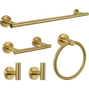 5-Piece Towel Racks for Bathroom, Stainless Steel Bathroom Accessories Set, Bathroom Towel Holder Wall Mounted, Sturdy Bath Towel Bar Set Bathroom Hardware Set (Brushed Gold, 2 Pillar Paper Holder)