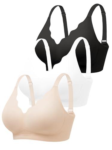 Cuteio Wireless Bras for Women No Underwire with Support - 3 PCS Seamless Bralettes Everyday Full Coverage Comfort Tshirt Padded Bra Skin, Black Black+Nude+White XL