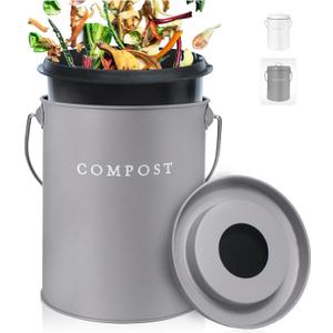 FINESSY Indoor Compost Bin Kitchen Odorless with Lid for Composting Food Waste Bucket for Counters, Stainless Steel Kitchen Compost Bin Countertop Trash Can, Indoor Food Composter Recycler Container (Nordic Grey)