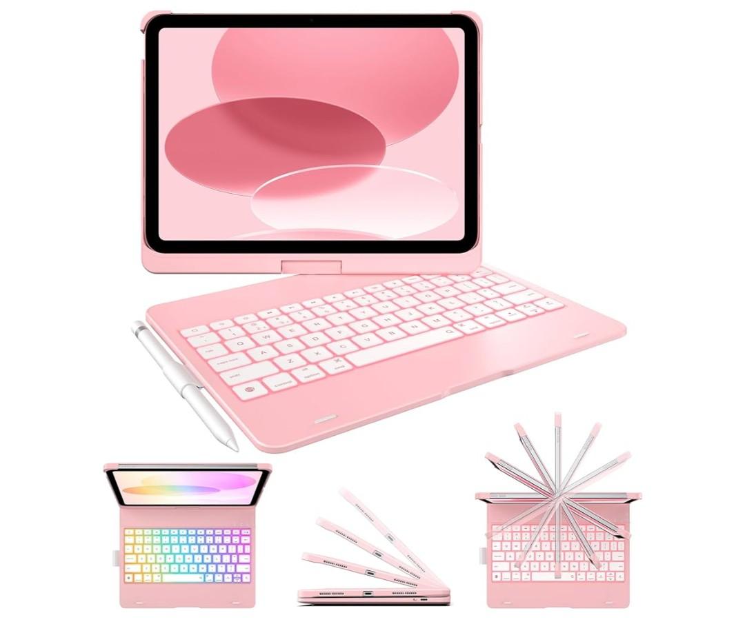 Flexbook Keyboard Case for iPad 11th (A16, 2025) and iPad 10th Gen (10.9", 2022) – No Trackpad, 11-Color Backlight, 360° Rotatable, 7 Use Modes, Thin & Lightweight – Light Pink