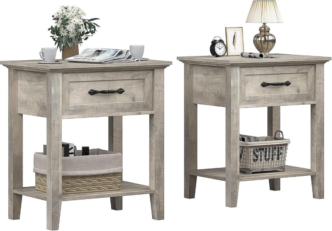 IDEALHOUSE Grey Nightstands Set of 2, End Table with Drawer, Side Table for Spaces, 2 Tiers Storage Shelves with Dresser, Bedside Table for Living Room, Bedroom, Dorm (2pcs-Grey)