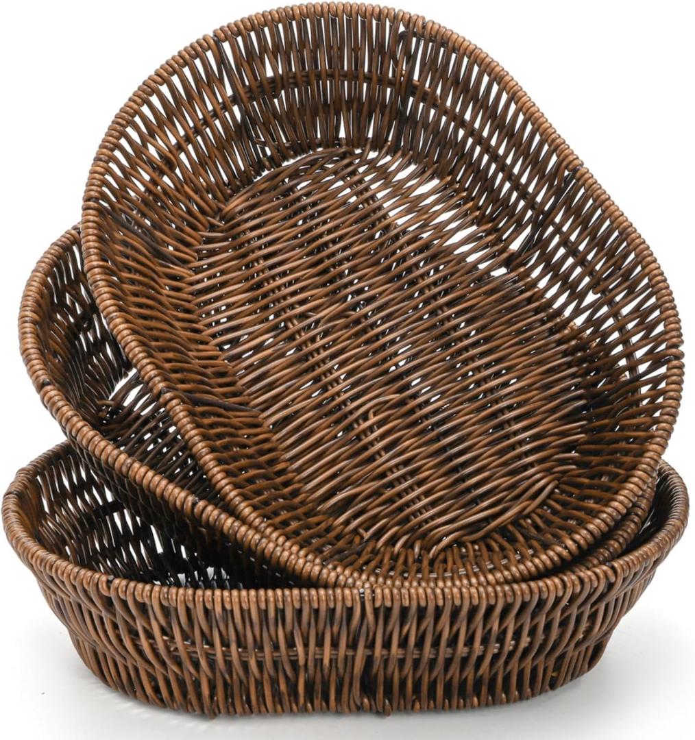 3 Pack Wicker Bread Basket, 11 Inch Woven Oval Food Baskets for Serving, Tabletop Stackable Pantry Organizer Bin for Home Kitchen, Restaurant, Bakery, Fruit Vegetable Storage, Brown