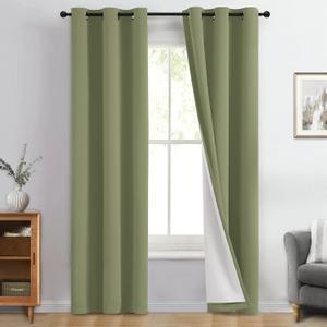 Yakamok 100% Blackout Curtains for Living Room, Thermal Insulated Blackout Curtains 84 inch Length Heat and Full Light Blocking Curtains Window Drapes for Bedroom with White Backing, Sage, W40 x L84