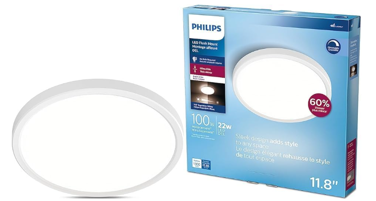 PHILIPS LED Flush Mount Ultra Thin Silver Ceiling Light 1-Pack Bright White (3000K) 1500 Lumen (22W = 100W) No Bulbs Required PHILIPS LED Flush Mount Ultra Thin Silver Ceiling Light 1-Pack Bright White (3000K) 1500 Lumen (22W = 100W) No Bulbs Required