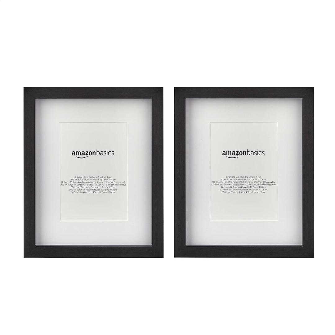 Amazon Basics Rectangular Photo Picture Frame 8 x 10 in & 5 x 7 in with Mat, 2 Pack, Black
