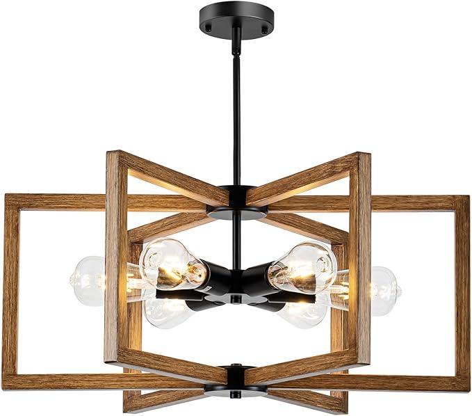 6 Light Farmhouse Chandelier, 23.62" Modern Chandelier for Entryway with Wooden Finish Industrial Rustic Hanging Pendant Light for Bedroom,Kitchen,Foyer,Living,Dining Room Lighting Fixtures
