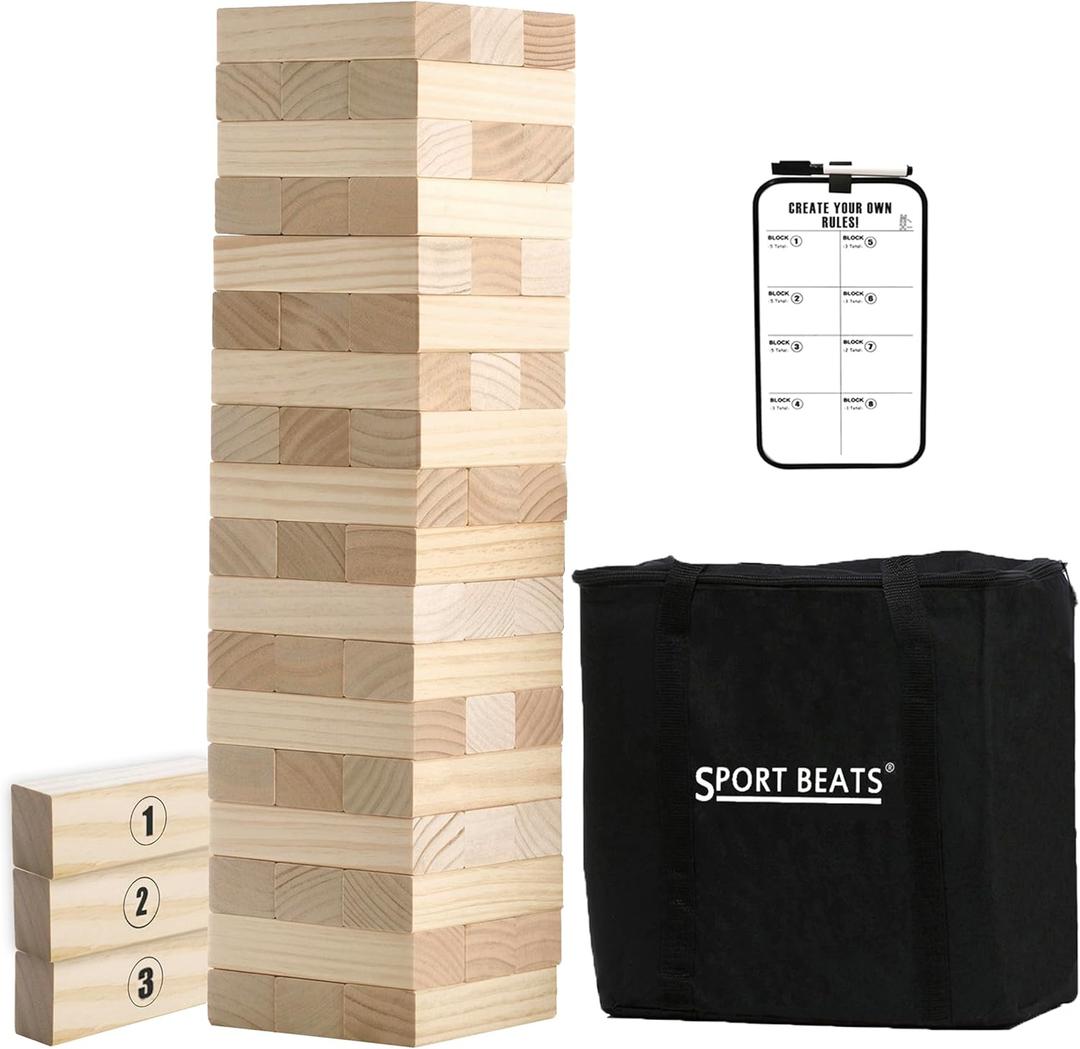 SPORT BEATS Outdoor Games Large Tower Game 54 Blocks Stacking Game Includes Carry Bag (Natural)